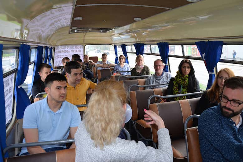 During the tour on a retro bus